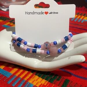 Handmade Beaded Bracelet - Pink and Blue & White  Elastic Stretch 7.5